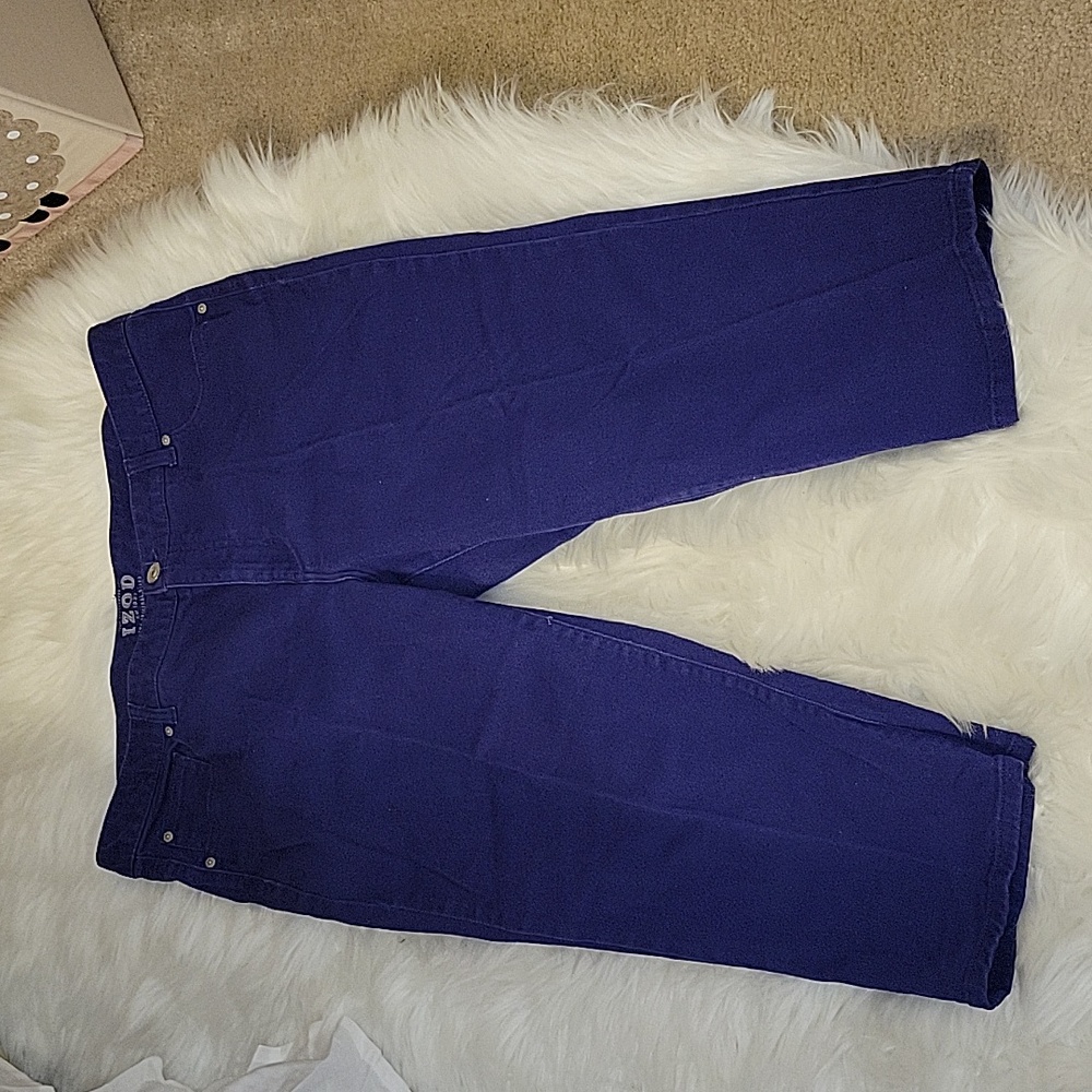Izod purple denim stretch Capri jeans classic 5 pocket style belt loops 16 EUC…